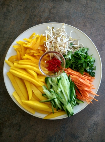 Ingredience na salát s mangem a krevetami